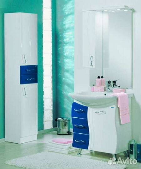 Тумба для ванной с раковиной и пенал бело-синий бу