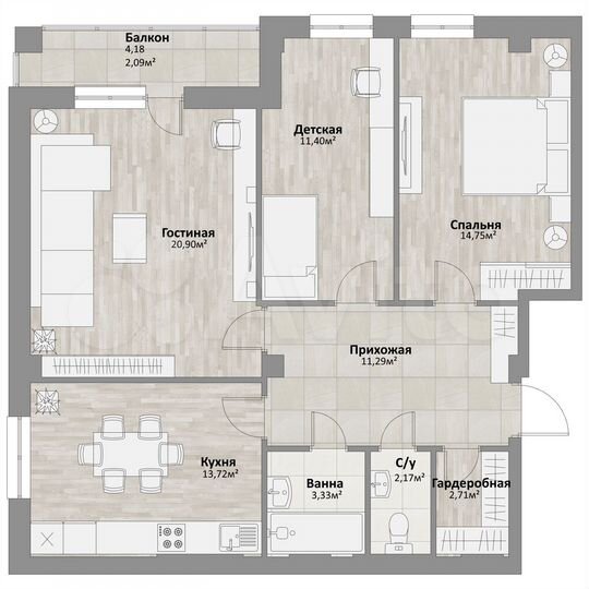 3-к. квартира, 82,4 м², 12/16 эт.