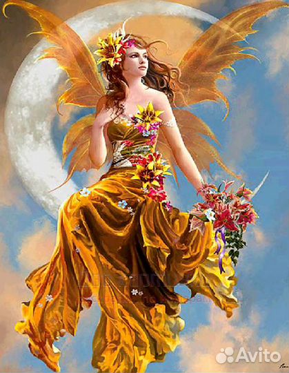 Картина по номерам 30x40 Золотая фея на луне с лил