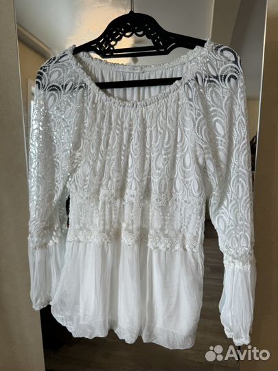 Белая шелковая блузка с кружевом, 44-46 р