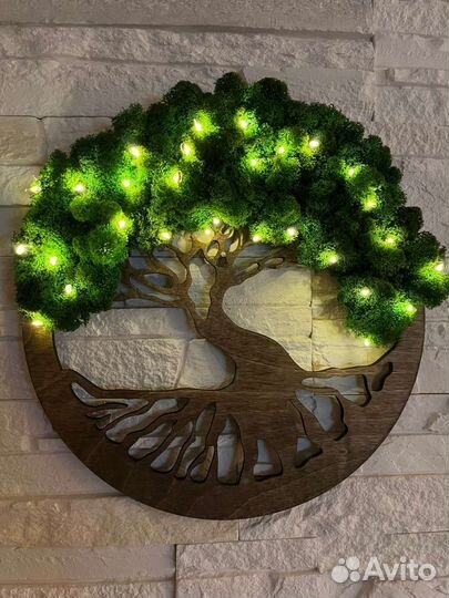 Дерево жизни со мхом. Панно с подсветкой. Лофт