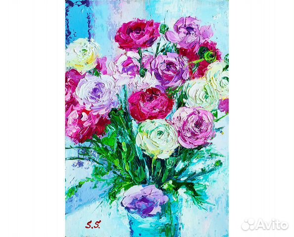 Картина маслом цветы розы букет роз в вазе