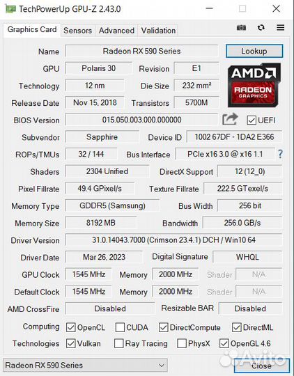 Видеокарта Sapphire RX 590 8gb