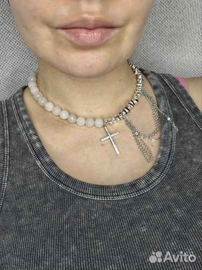 Колье из гематита и кварца ручной работы