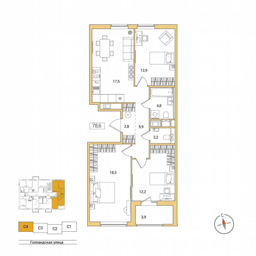 3-к. квартира, 78,6 м², 4/11 эт.