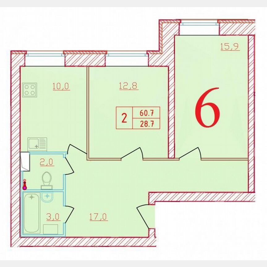 2-к. квартира, 60,7 м², 1/9 эт.