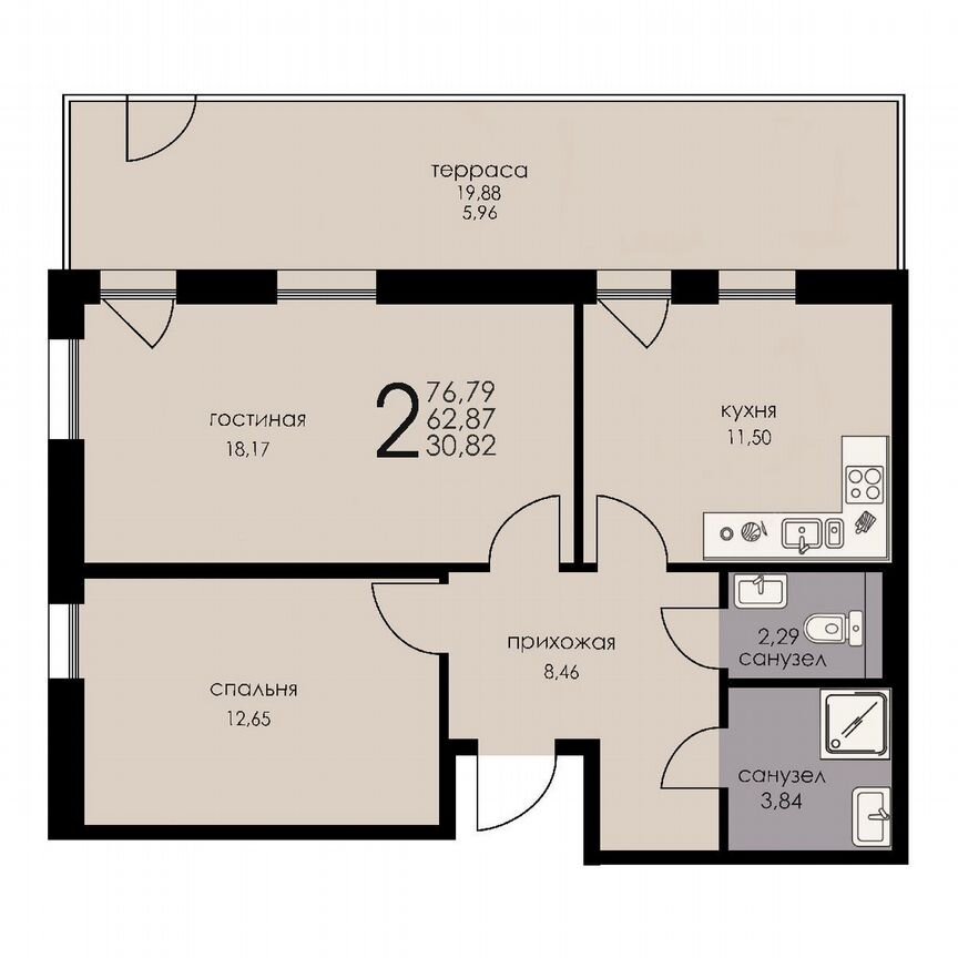 2-к. апартаменты, 62,9 м², 1/6 эт.