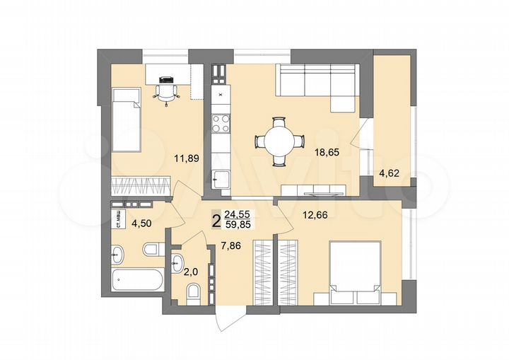 2-к. квартира, 59,3 м², 21/26 эт.