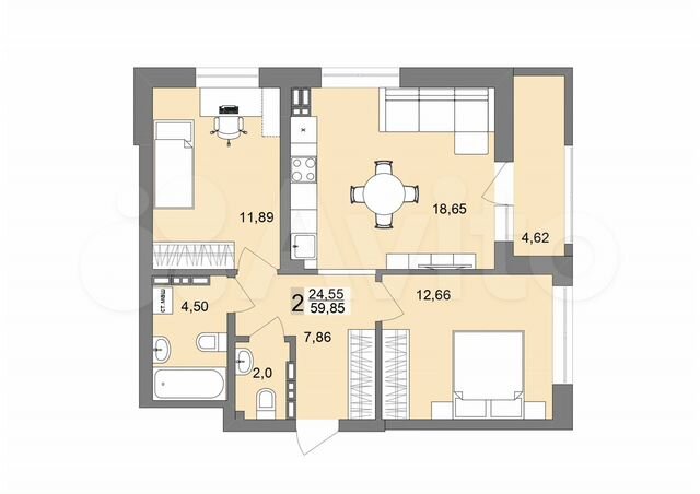 2-к. квартира, 59,3 м², 21/26 эт.