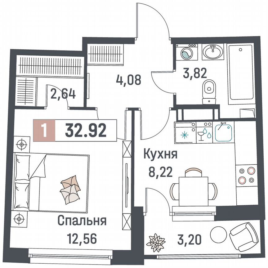 1-к. квартира, 32,9 м², 7/18 эт.
