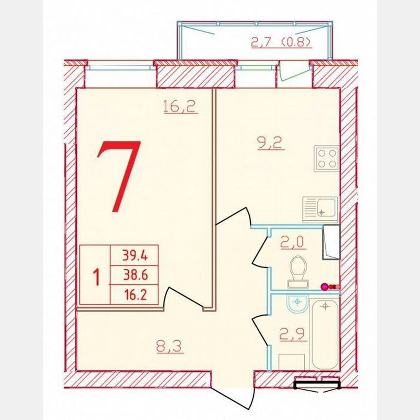1-к. квартира, 39,4 м², 5/9 эт.