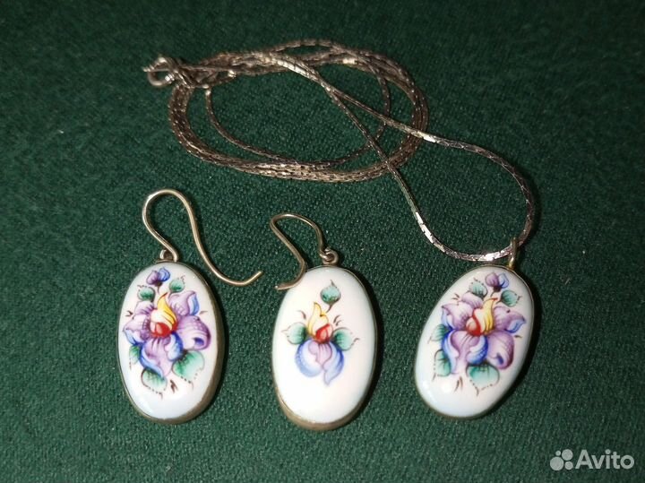 Серьги + кулон финифть эмаль роспись винтаж СССР