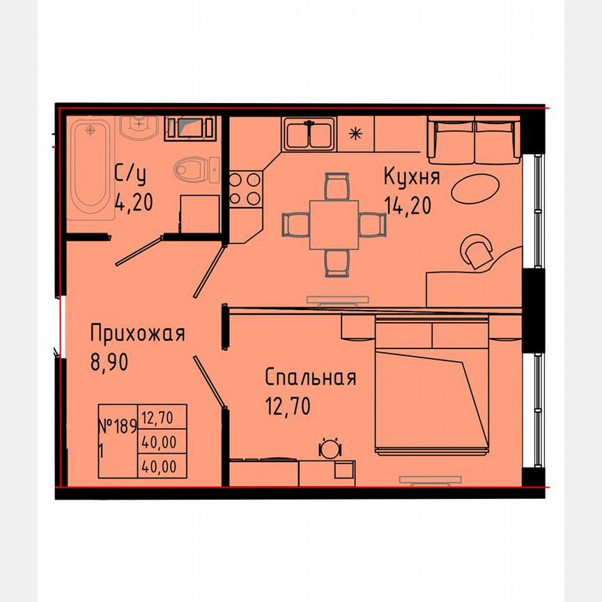 1-к. квартира, 40 м², 4/8 эт.