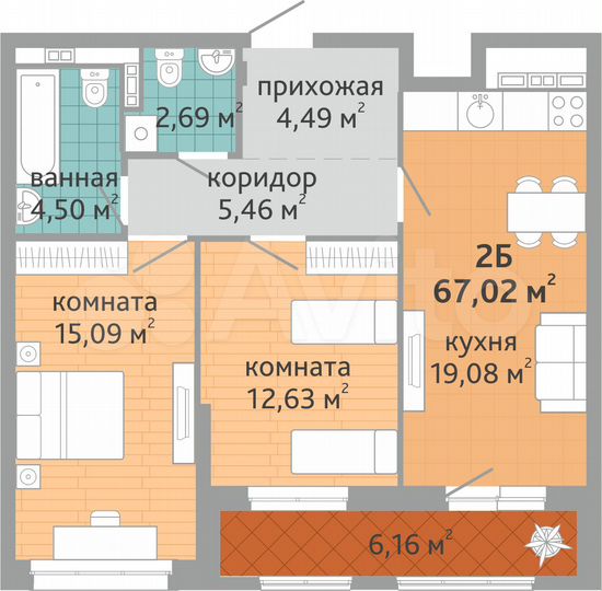 2-к. квартира, 67 м², 2/9 эт.