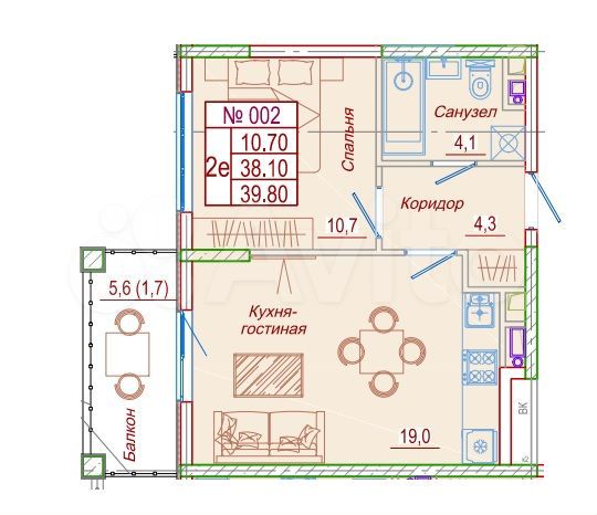 1-к. квартира, 39,8 м², 1/6 эт.