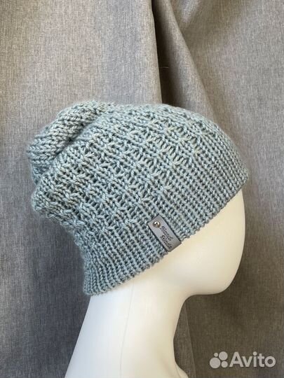 Шапка бини серая с узором двойная. Ручная работа