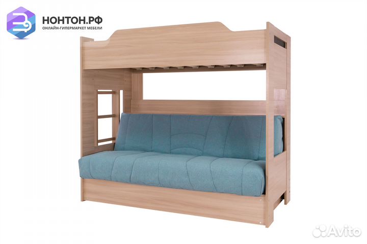 Двухъярусная кровать с диван-кроватью голубой / ши