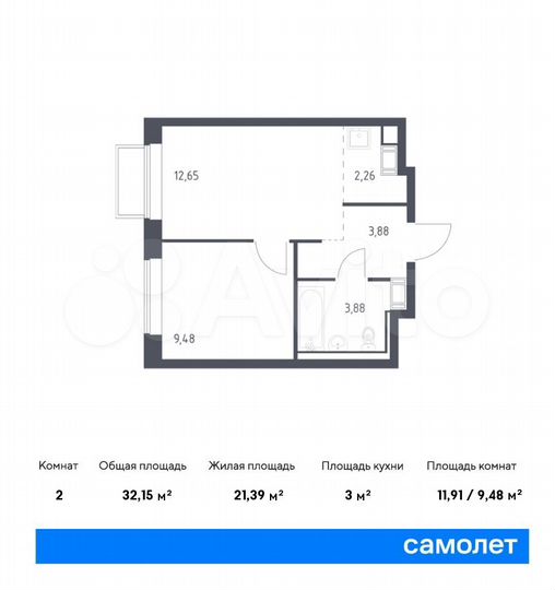 2-к. квартира, 32,2 м², 14/17 эт.
