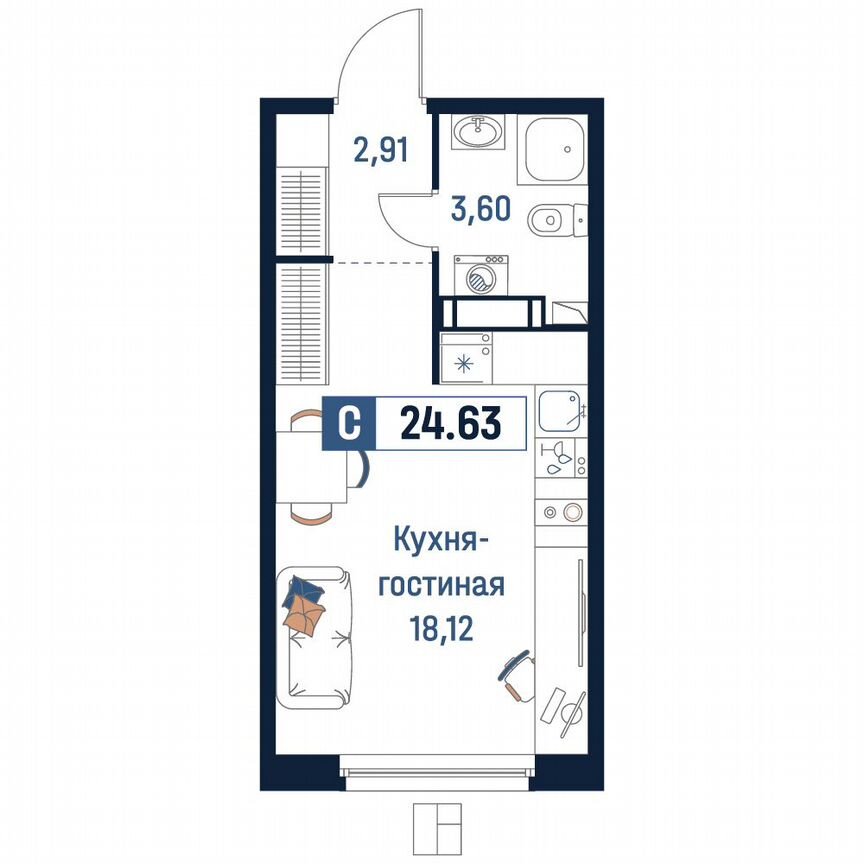 Квартира-студия, 24,6 м², 5/18 эт.