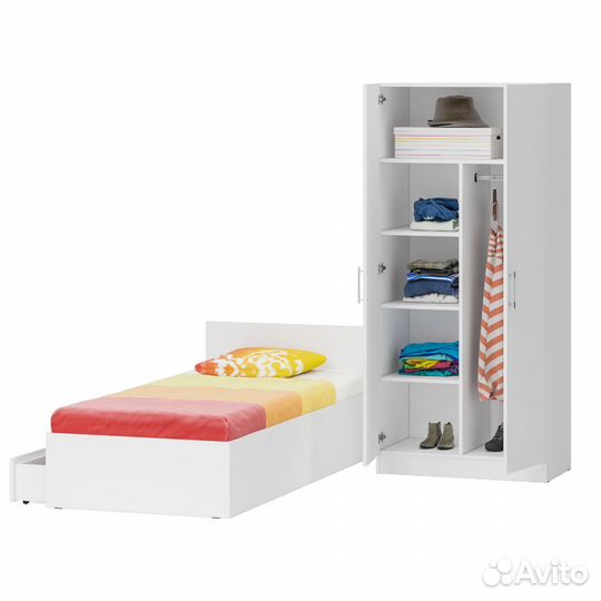 Кровать белая односпальная с ящиками 900 со шкафом для одежды 2-х створчатым Стандарт, цвет белый, с