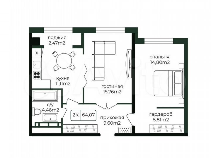 2-к. квартира, 64,1 м², 3/16 эт.