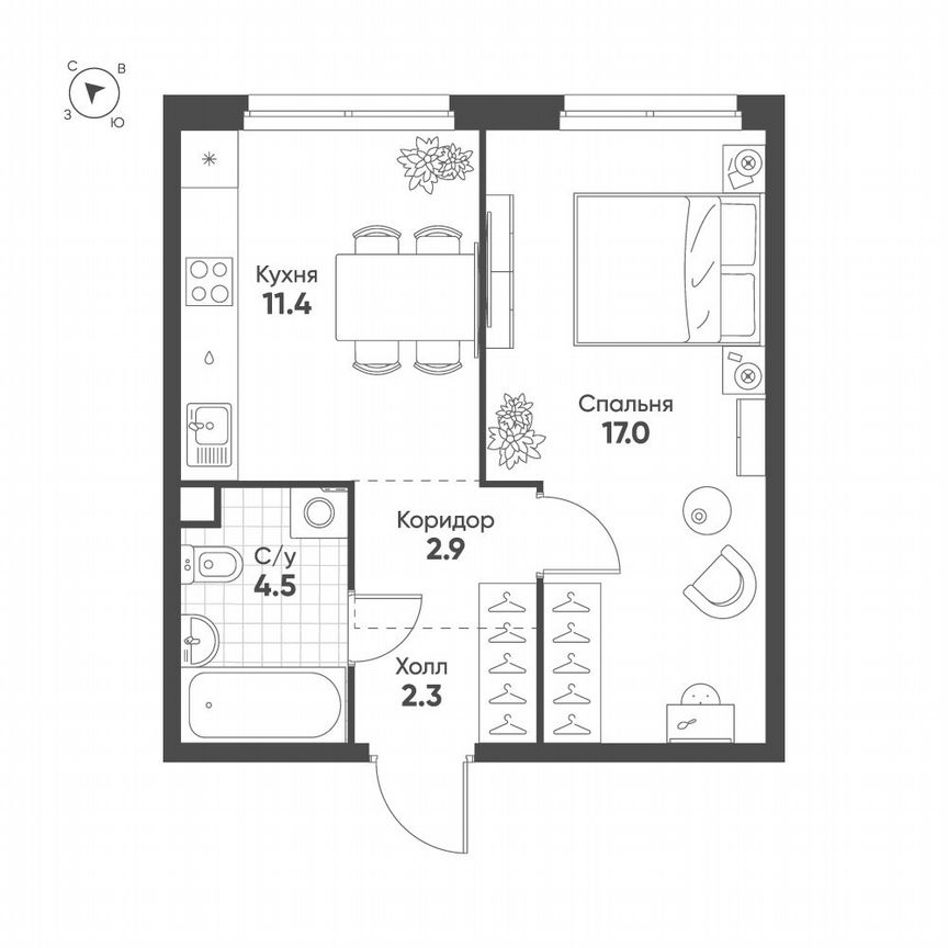 1-к. квартира, 38,1 м², 2/5 эт.