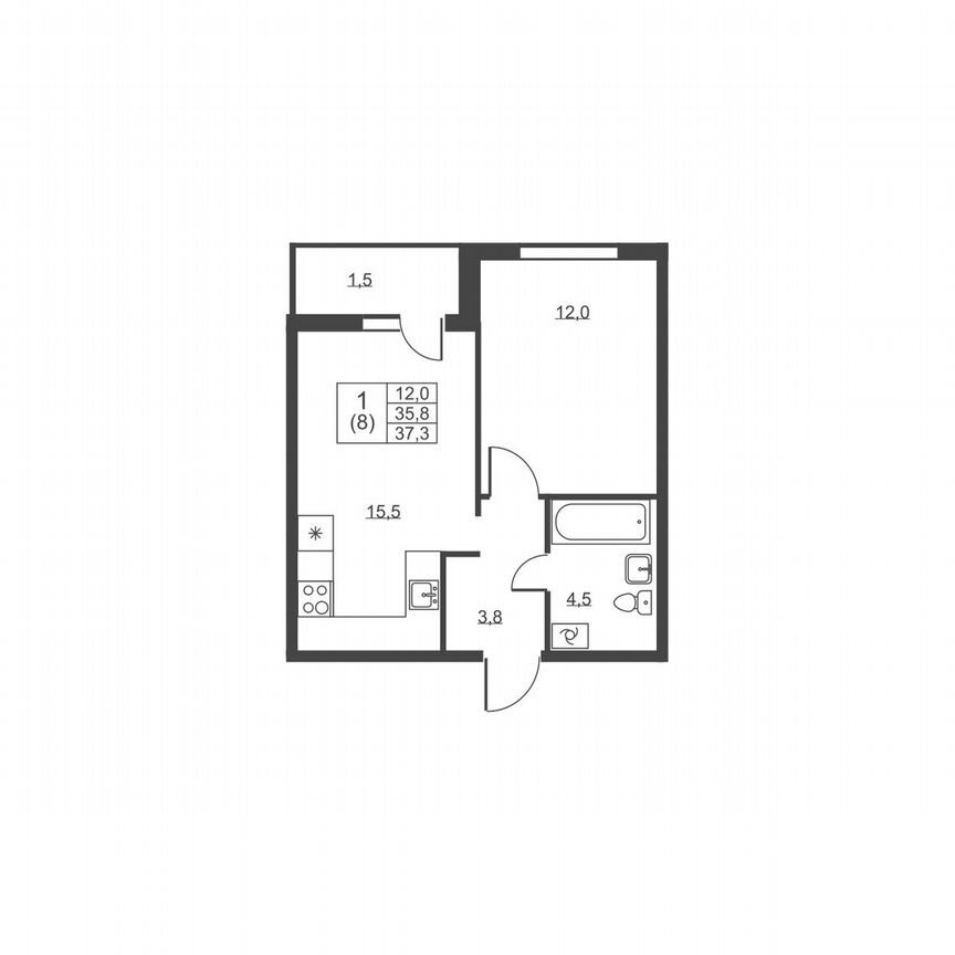 1-к. квартира, 37,3 м², 1/8 эт.
