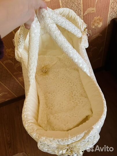 Детская люлька переноска с кружевом на выписку