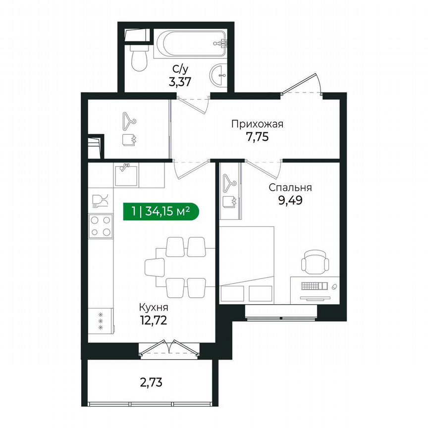 1-к. квартира, 34,2 м², 2/8 эт.