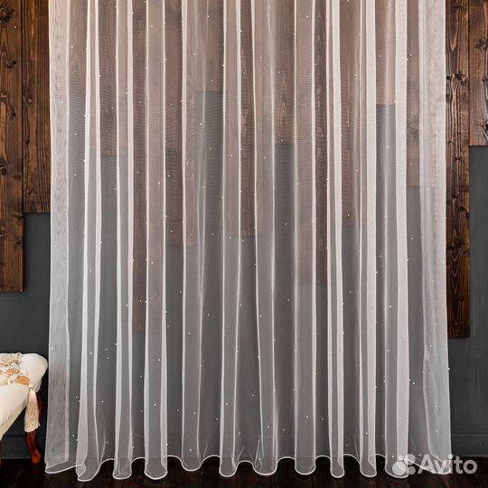 Микросетка с бусинками тюль Грейс Айвори