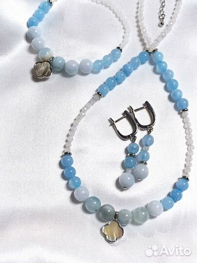 Колье-Чокер браслет серьги из камня аквамарин