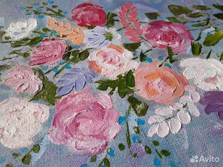 Картина маслом цветы, розы, весенний букет