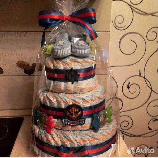 Торт из подгузников, подарок на рождение малышей