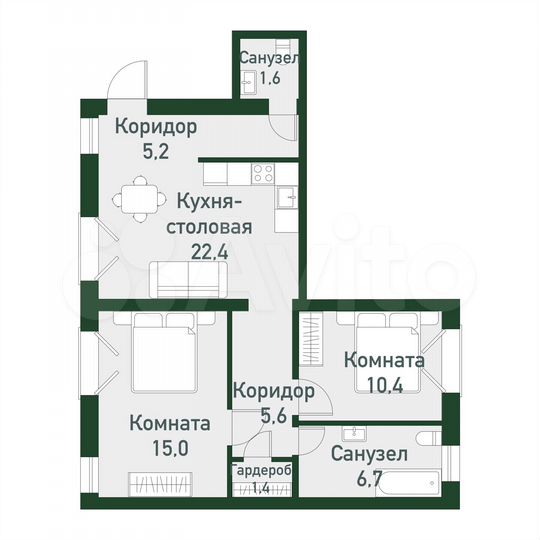 2-к. квартира, 62,6 м², 3/3 эт.