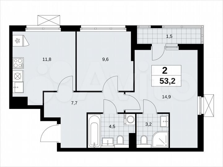 2-к. квартира, 53,2 м², 10/19 эт.