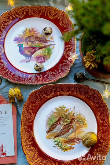 Винтажные фарфоровые квадратные блюда с птицами