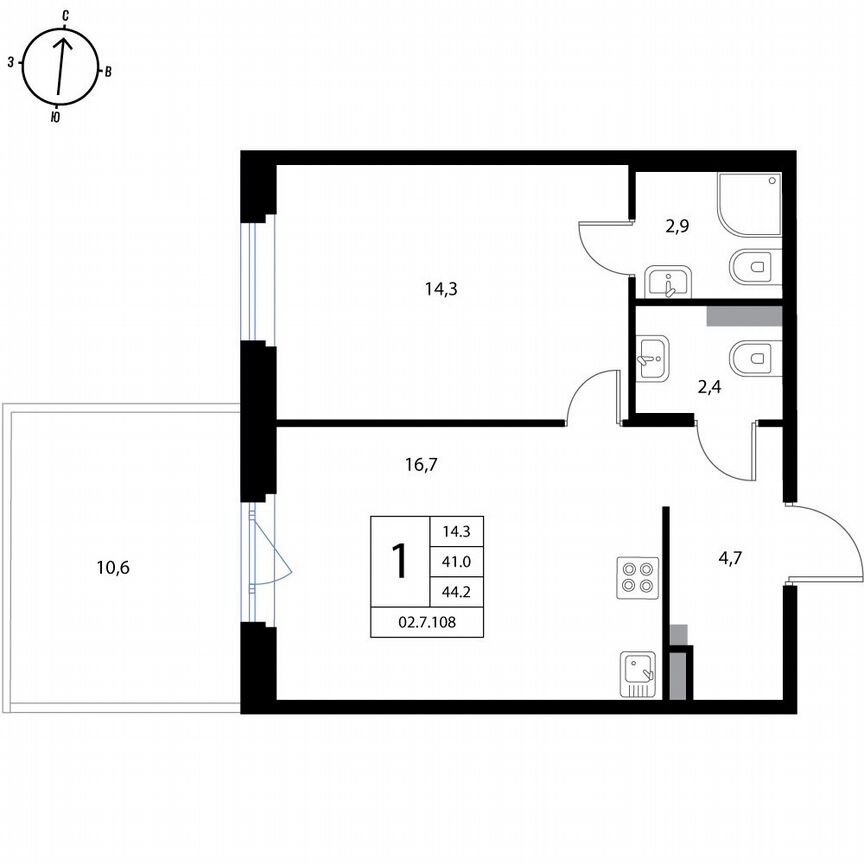 1-к. квартира, 44,2 м², 1/3 эт.