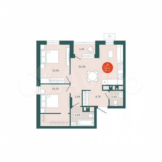 2-к. квартира, 64 м², 13/24 эт.