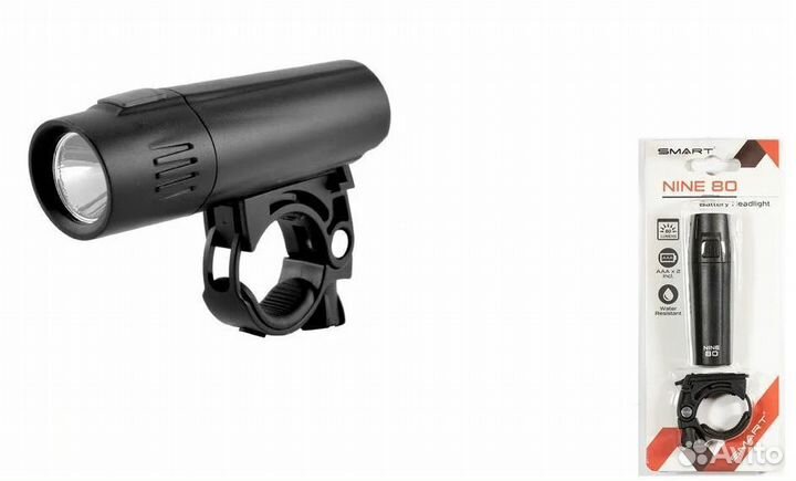 Фара SMART nine 80 передняя, 1 Nichia диод 80 lm, 2 режима, крепеж на руль 22.4-31.8 мм, батарейки в