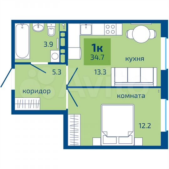 1-к. квартира, 34,7 м², 9/10 эт.