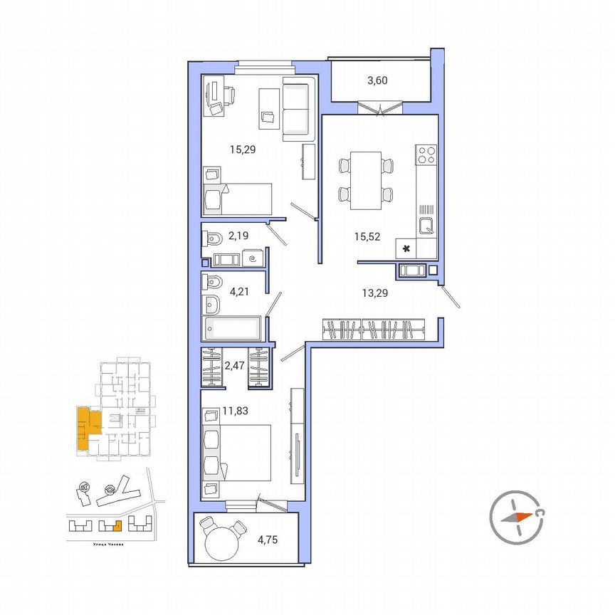 2-к. квартира, 69,2 м², 5/9 эт.