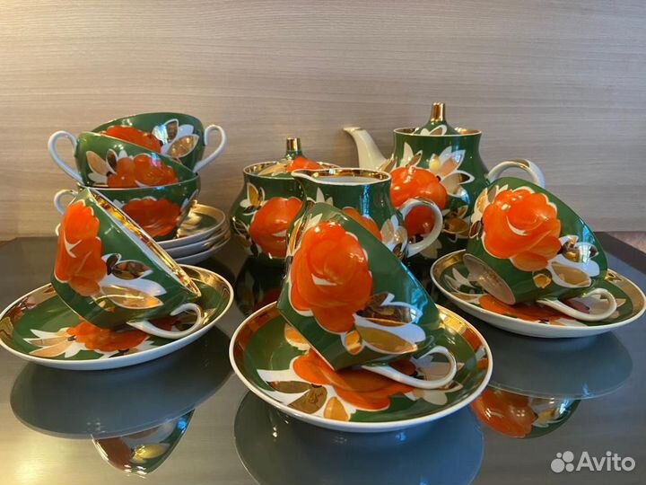 Чайный сервиз Роза на зеленом Дулево СССР