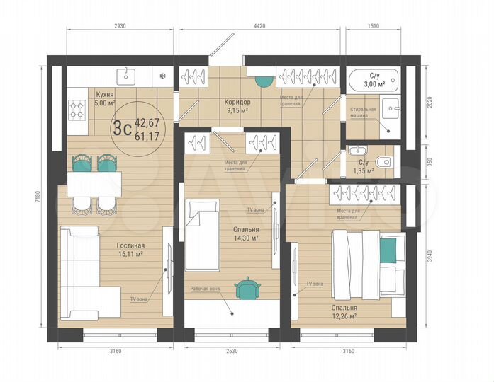 3-к. квартира, 61,2 м², 20/27 эт.