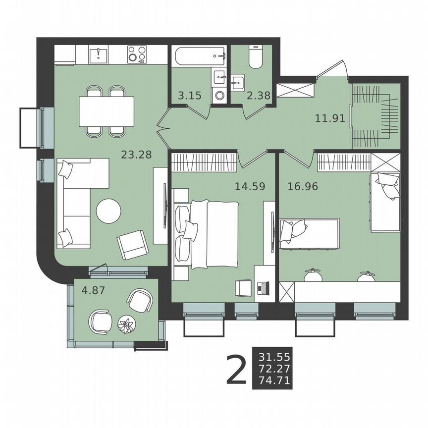 2-к. квартира, 74,7 м², 3/6 эт.