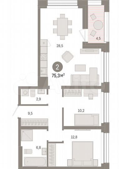 2-к. квартира, 75,3 м², 2/8 эт.