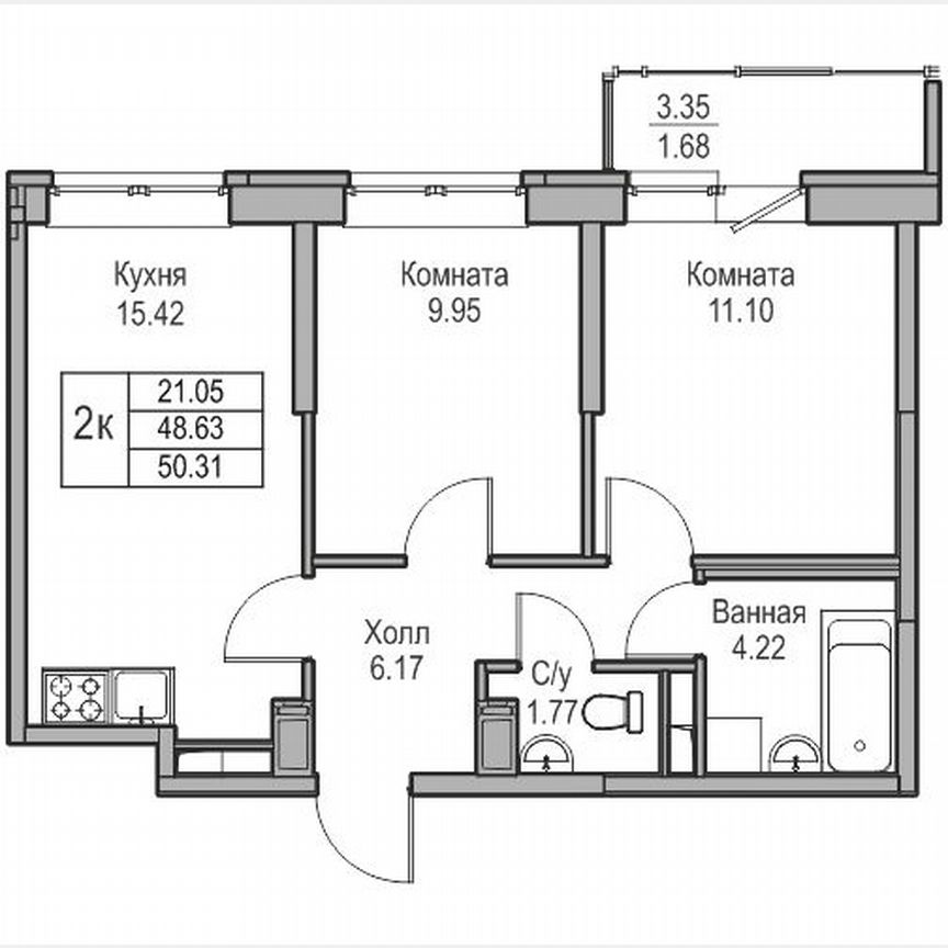 2-к. квартира, 50,3 м², 2/23 эт.