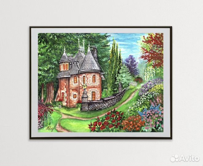 Картина акварелью Замок в лесу