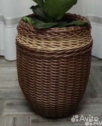 Кашпо из искусственного ротанга напольное высокое