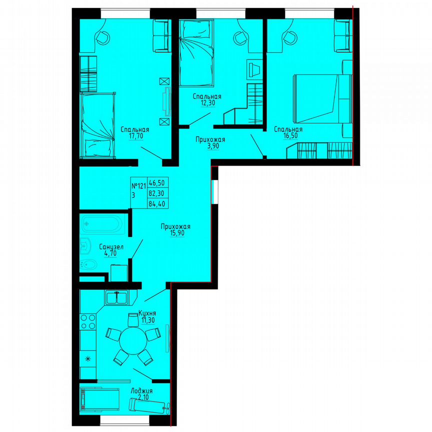 3-к. квартира, 83,9 м², 3/8 эт.