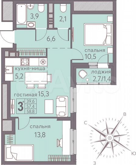 3-к. квартира, 58,8 м², 3/22 эт.